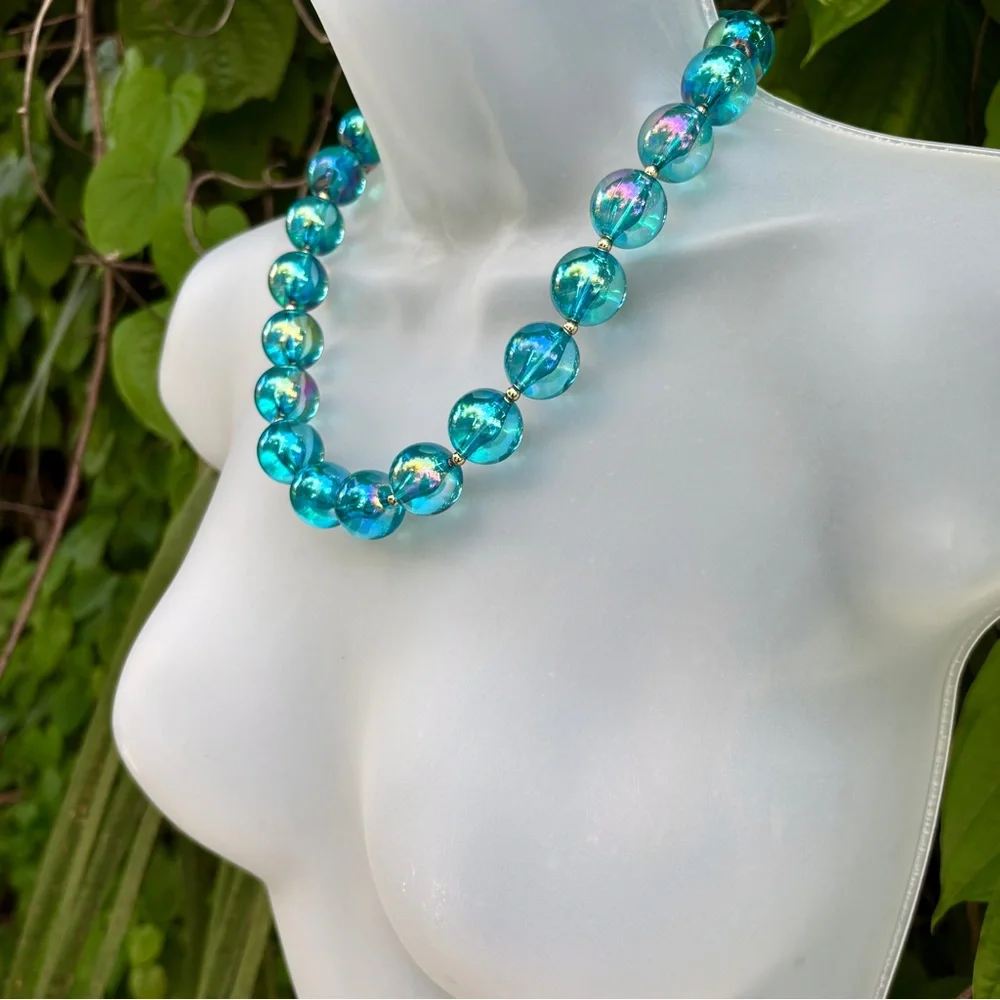 Natasha Couture Clear Blue Acrylic Ball Necklace Retro Iridescent Gold Cocktail - Picture 7 of 14